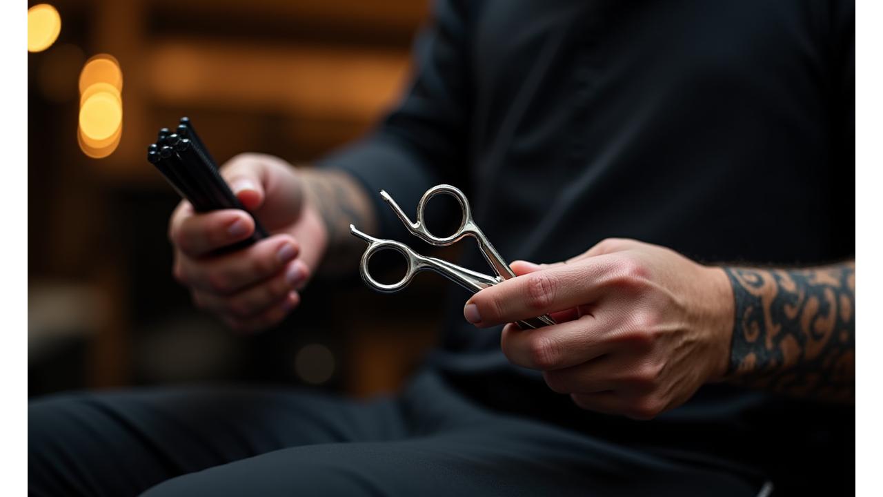 Close-up view of barber's hands holding professional shears and comb, ready to work.