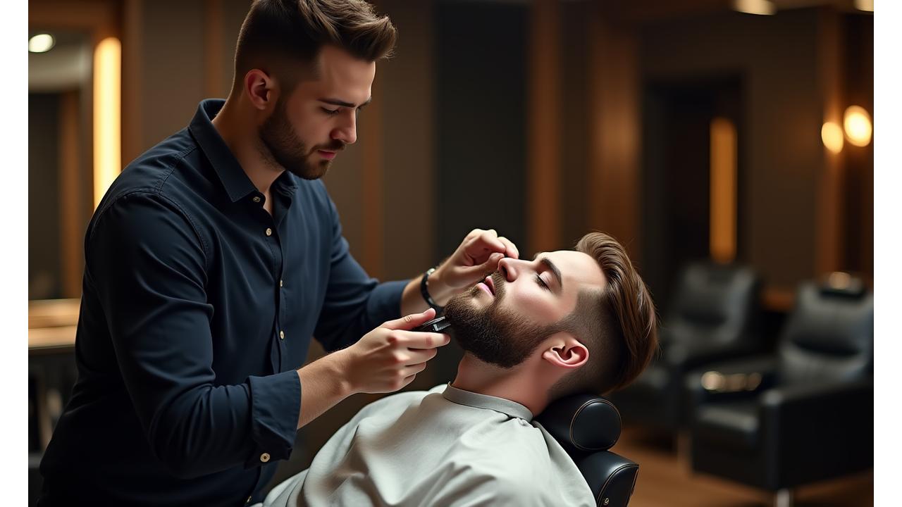 A confident barber meticulously trimming a client's beard in a luxurious, modern barbershop setting, highlighting the quality and atmosphere of a BarberCraft franchise.