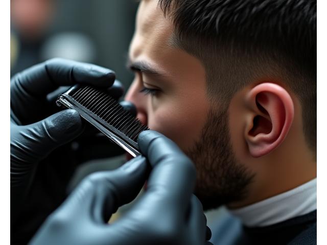 Close-up of a barber meticulously applying hair color to a man's temples, showing detailed, precise work