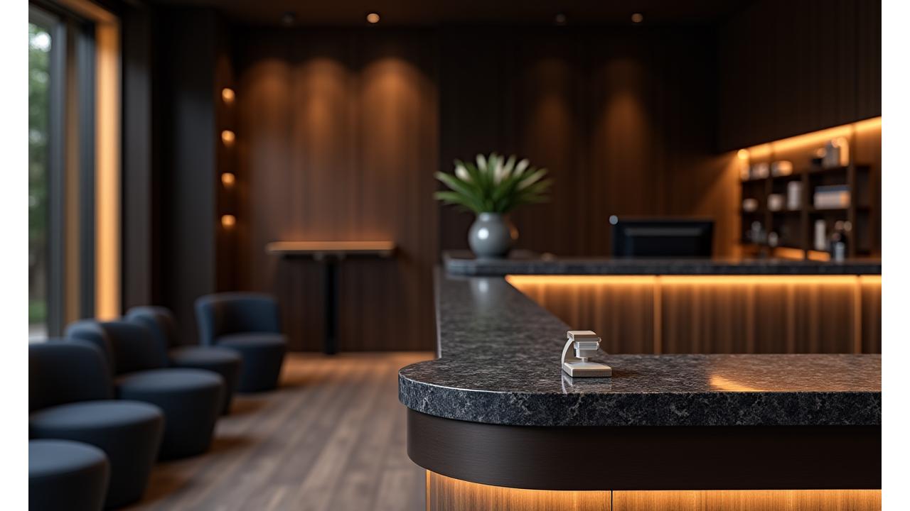 Modern, elegant reception desk of a high-end spa or barbershop